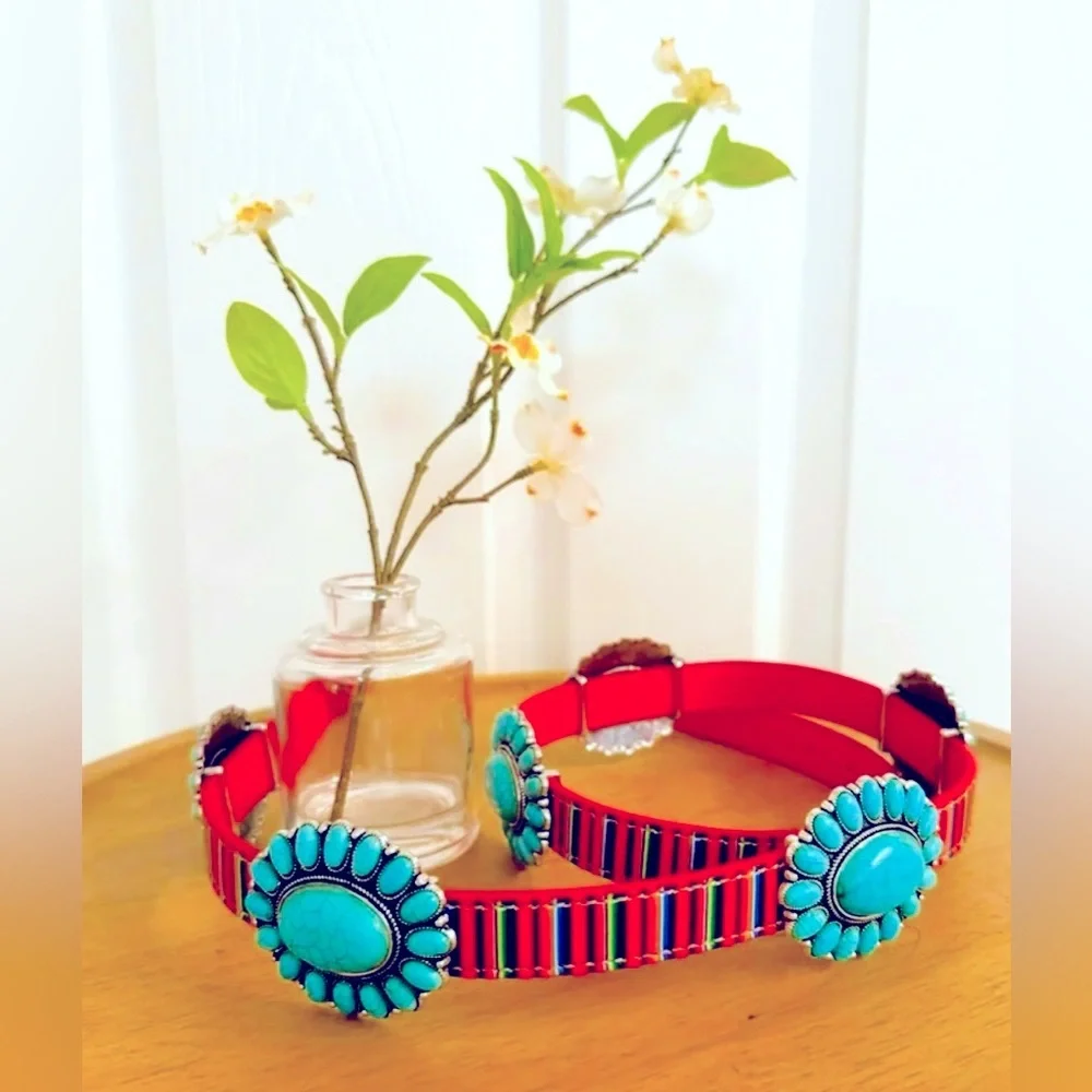 BELT ~ Women’s Bold Colorful Striped Faux Turquoise Leather Belt 42-inch